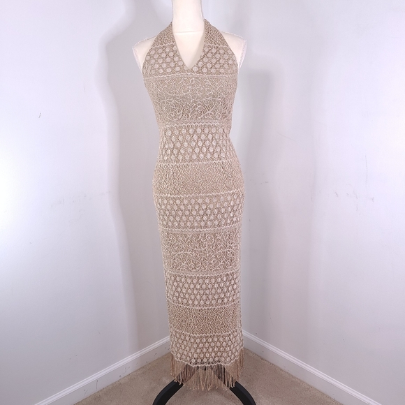 Bari Jay Dresses & Skirts - VTG Bari Jay Gold Mesh Lace Overlay Sleeveless V Neck Bohemian Fringe Gown 3-4